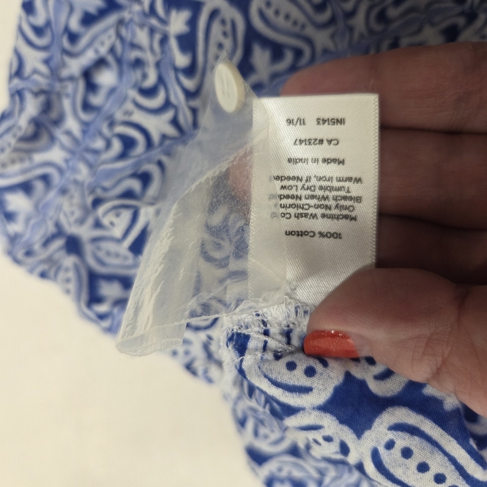 SOLD  Talbots Woman Medium Tunic Blouse Blue 3/4 Sleeve Button Front Boho Cotton - Picture 15 of 16